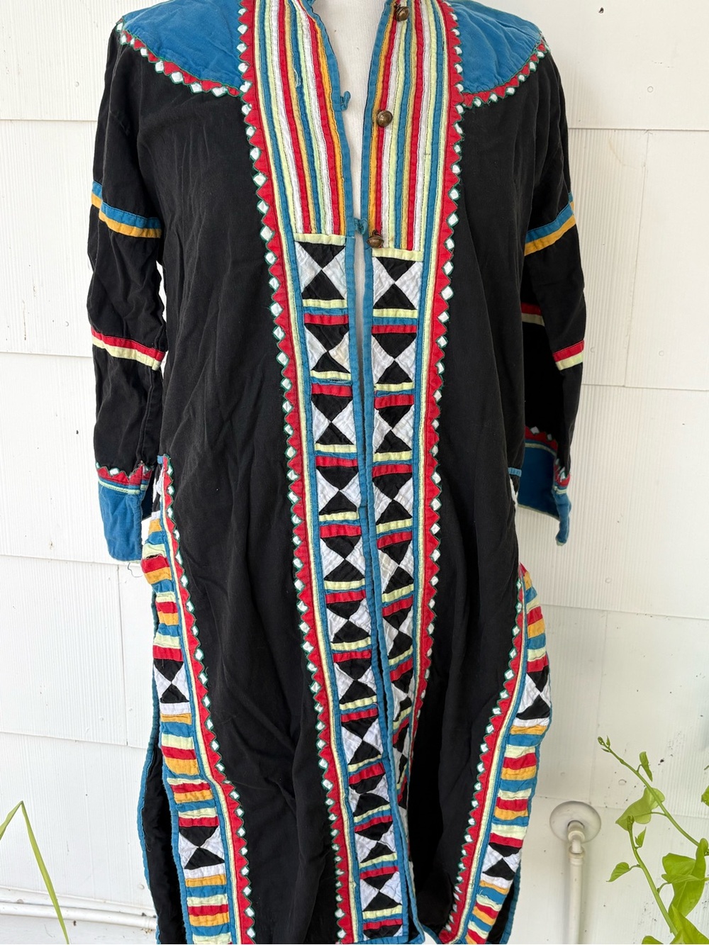 Vtg Thai Kaftan Tribal Jacket Duster Dress Geometric Patchwork Folk Art Coat